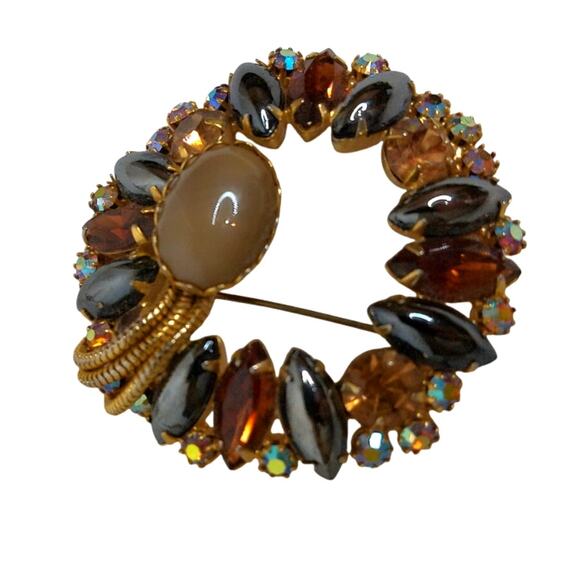 Vintage Alice Caviness Round Brooch Hematite Topaz Aurora Borealis Rhinestone - Picture 4 of 6